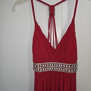 Camille La Vie Red Pleated Prom Dress with Rhinestone Waistband